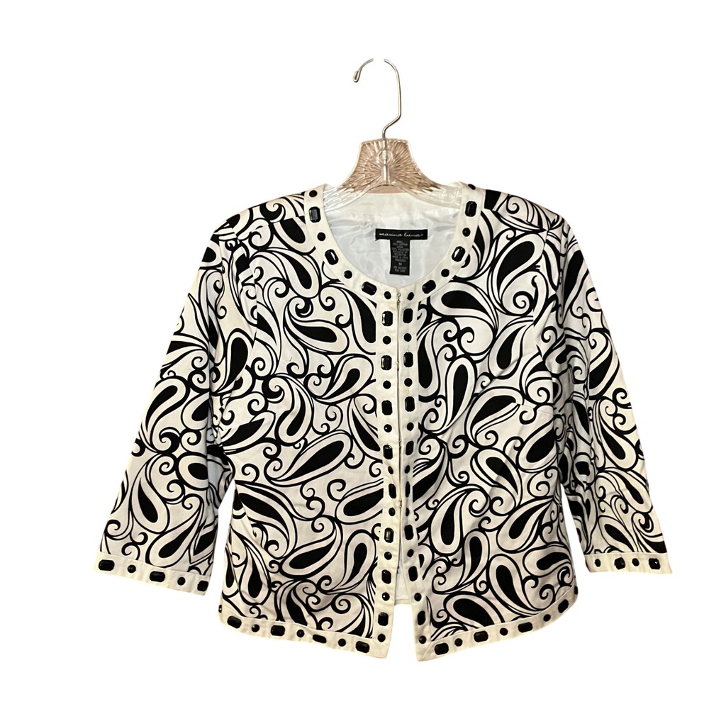 Marina Luna Paisley Beaded Jacket Women Medium White Black Hook Eye 3/4 Sleeve